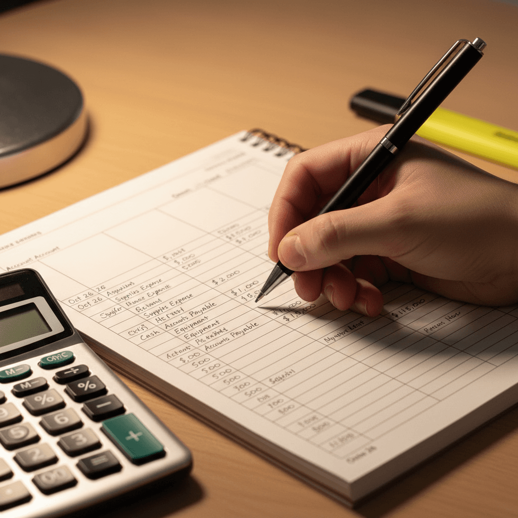 Aluno a resolver exercicios de contabilidade financeira