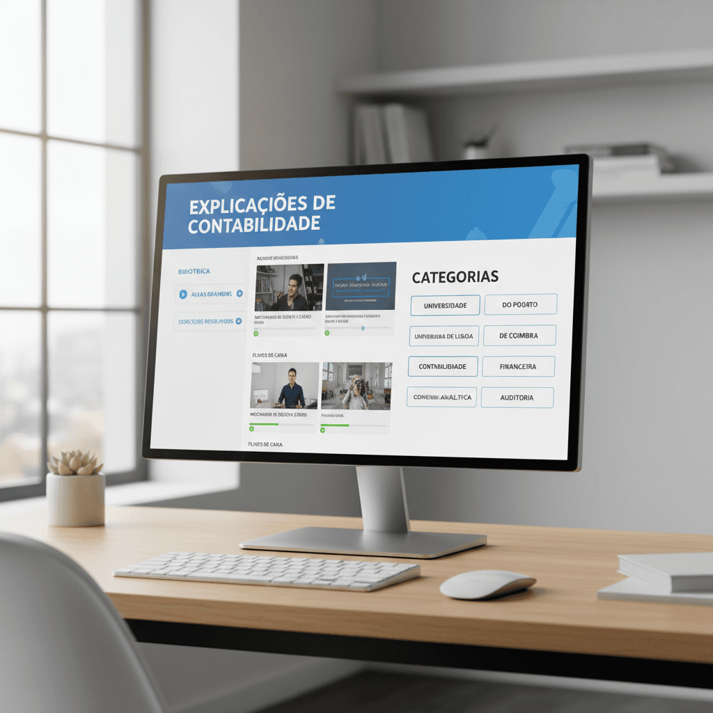 Digital platform interface with recorded lessons and exercises in a modern office setting