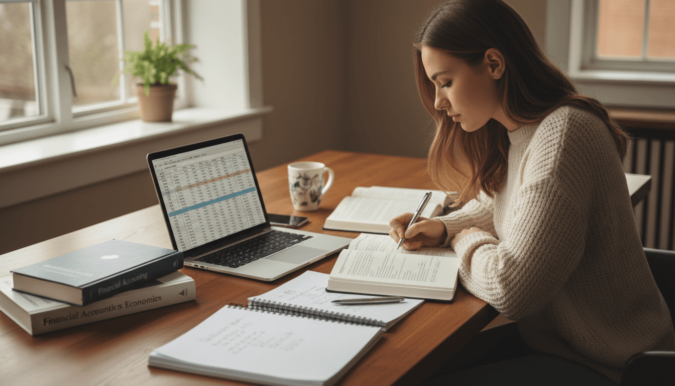 Estudante universitário a estudar contabilidade numa secretária bem organizada com luz natural