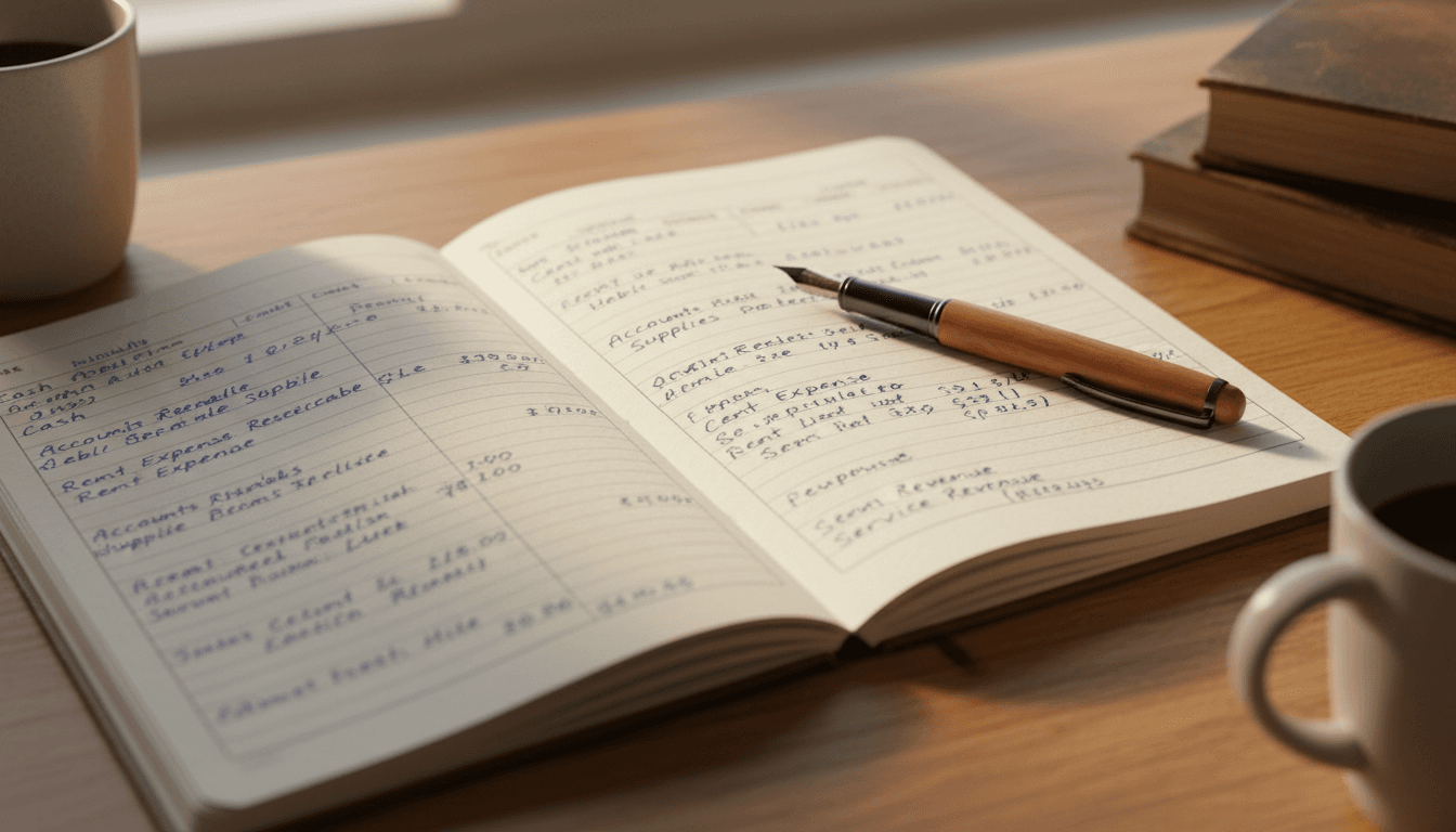 Caderno com registos de débito e crédito