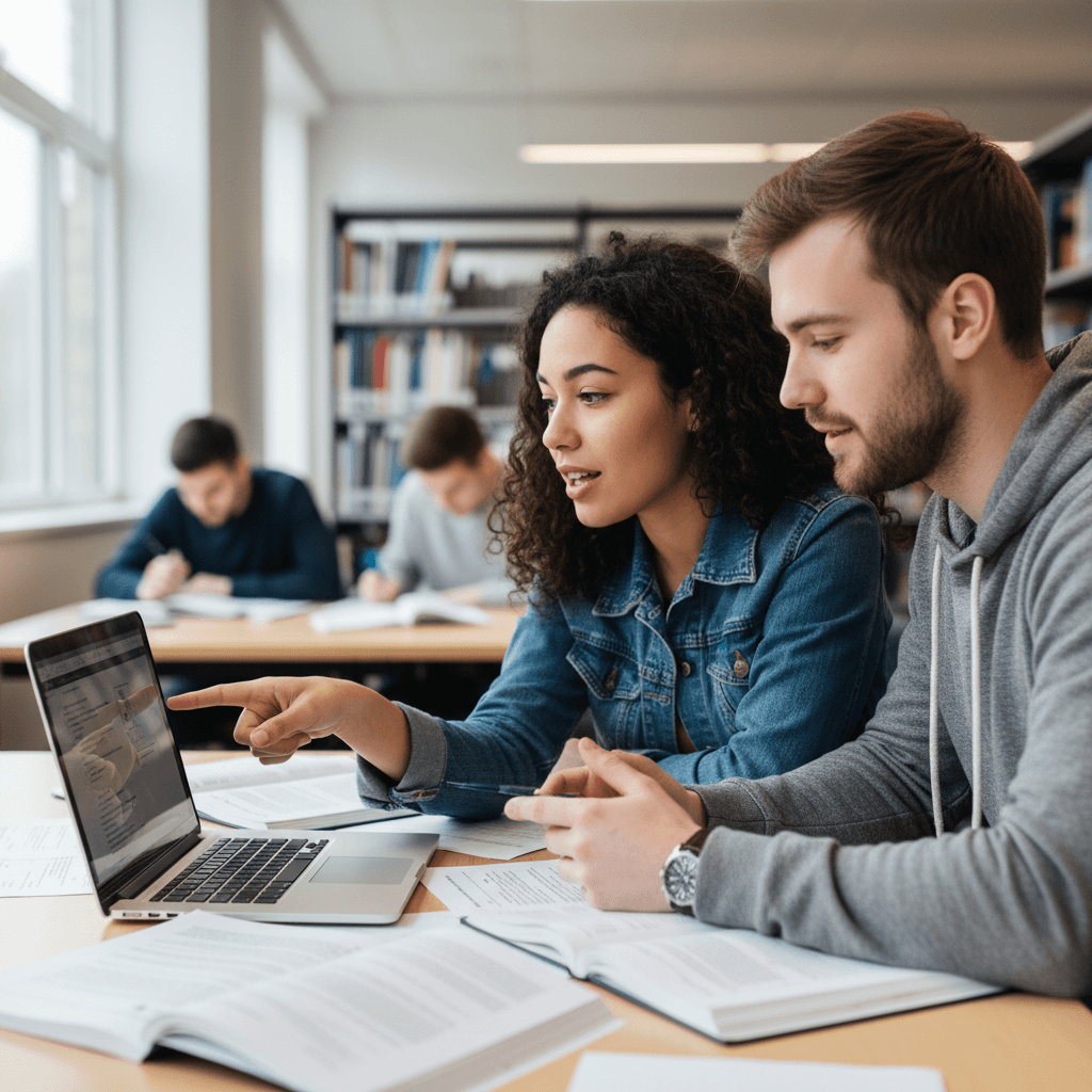 Duas alunas a trabalhar em grupo em exercicios de contabilidade
