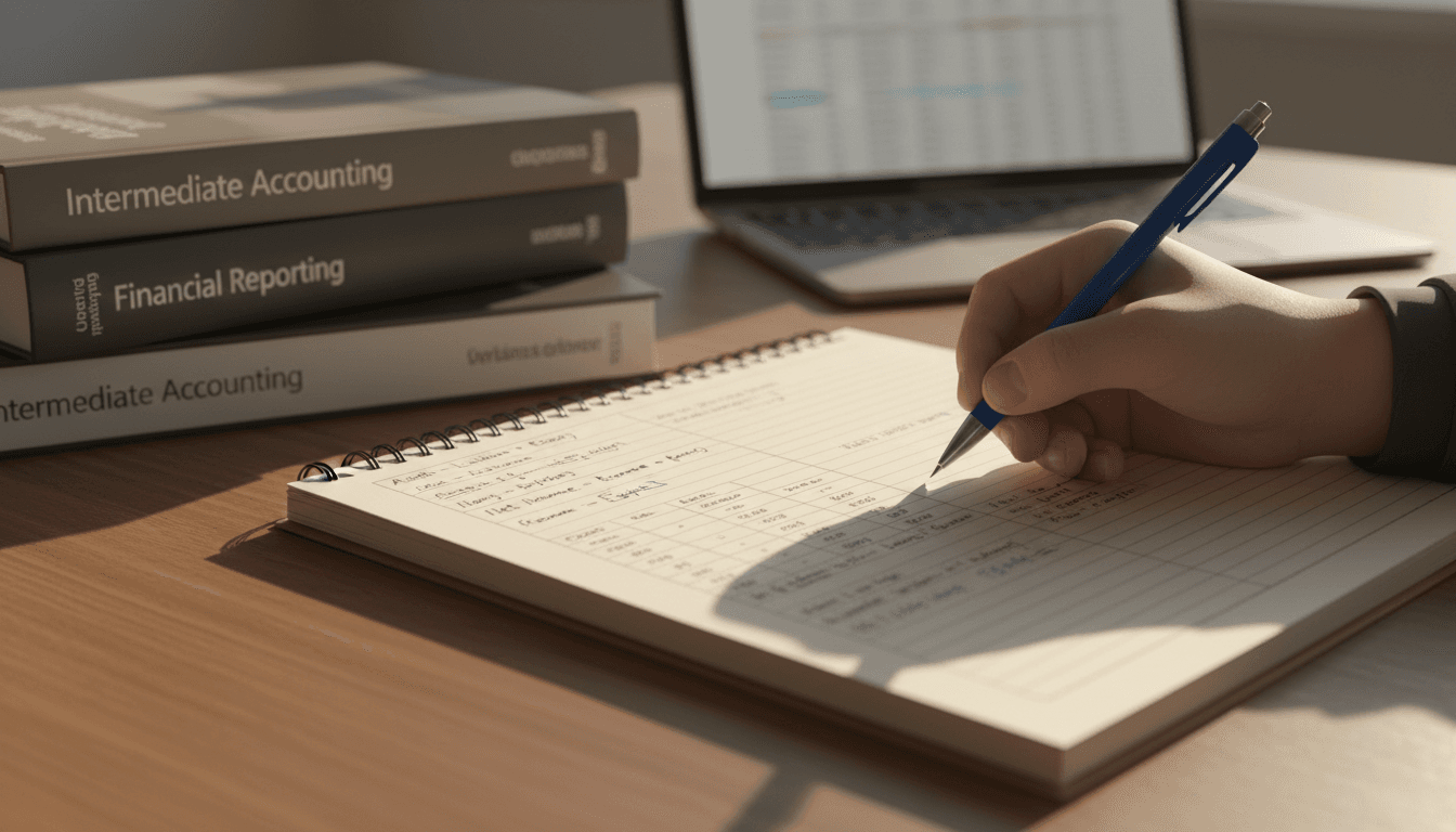 Estudante universitário a tomar notas de contabilidade com caneta em cima de livros e cadernos de contabilidade numa secretária moderna