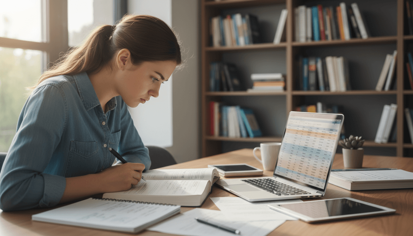 Aluno universitário concentrado em materiais de Contabilidade