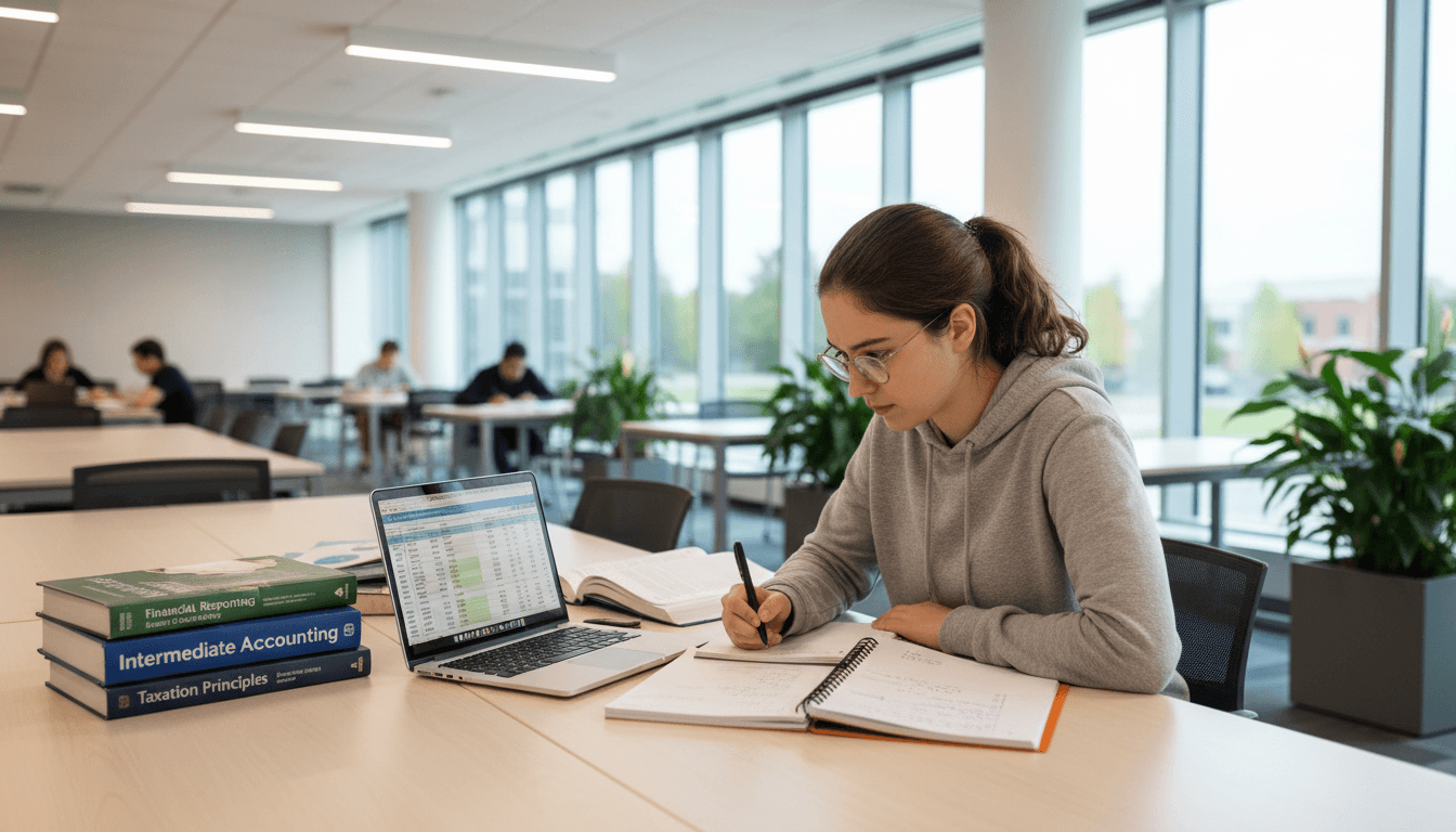 University student studying accounting with books and laptop in a bright room