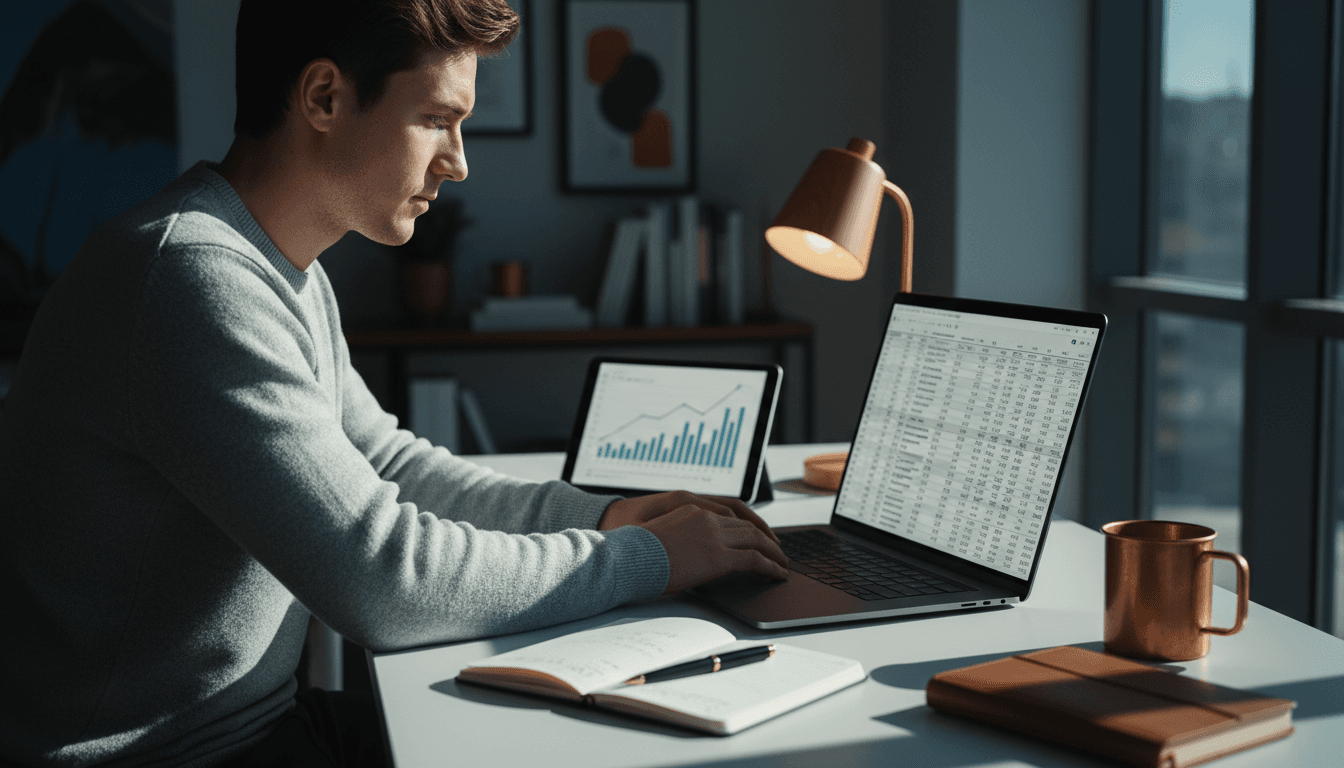 Estudante a analisar relatórios financeiros