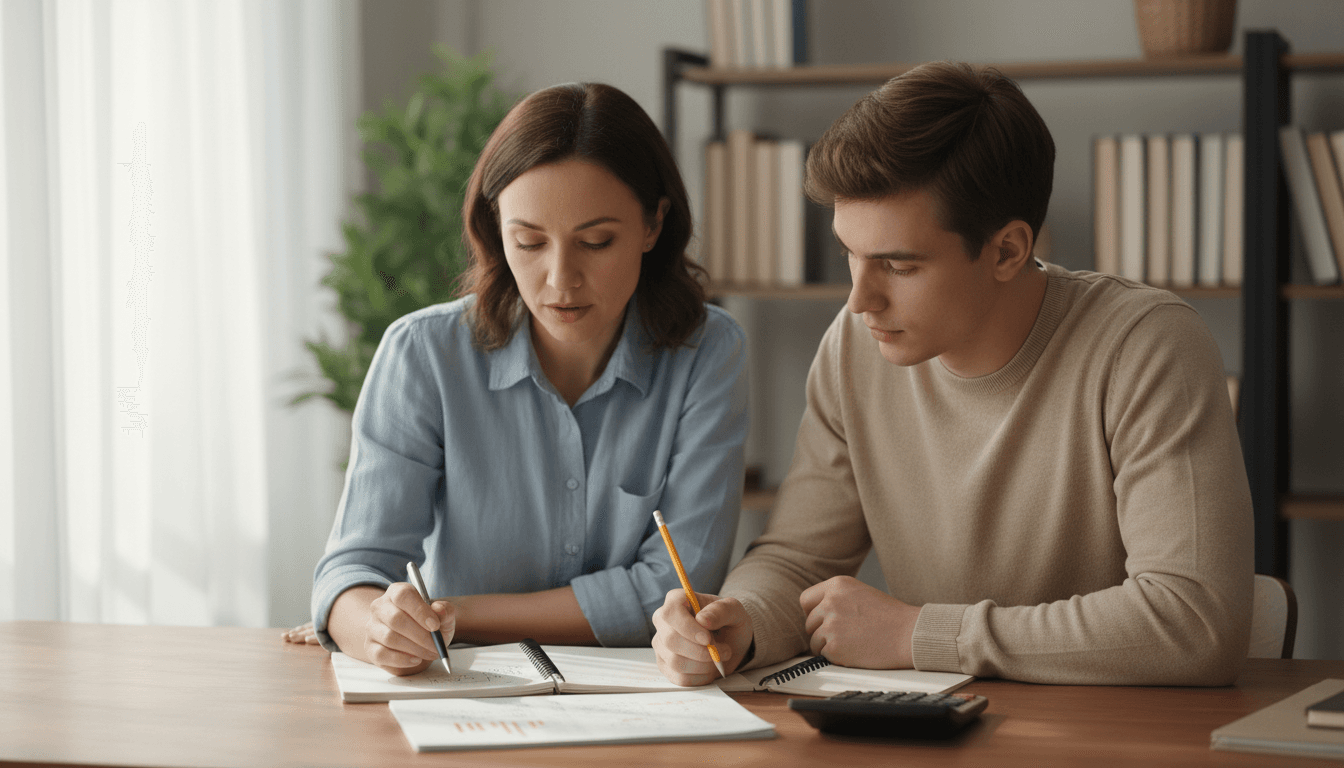 Tutor de contabilidade a explicar um exercício a um aluno universitário, ambos sentados a uma secretária com cadernos e calculadora