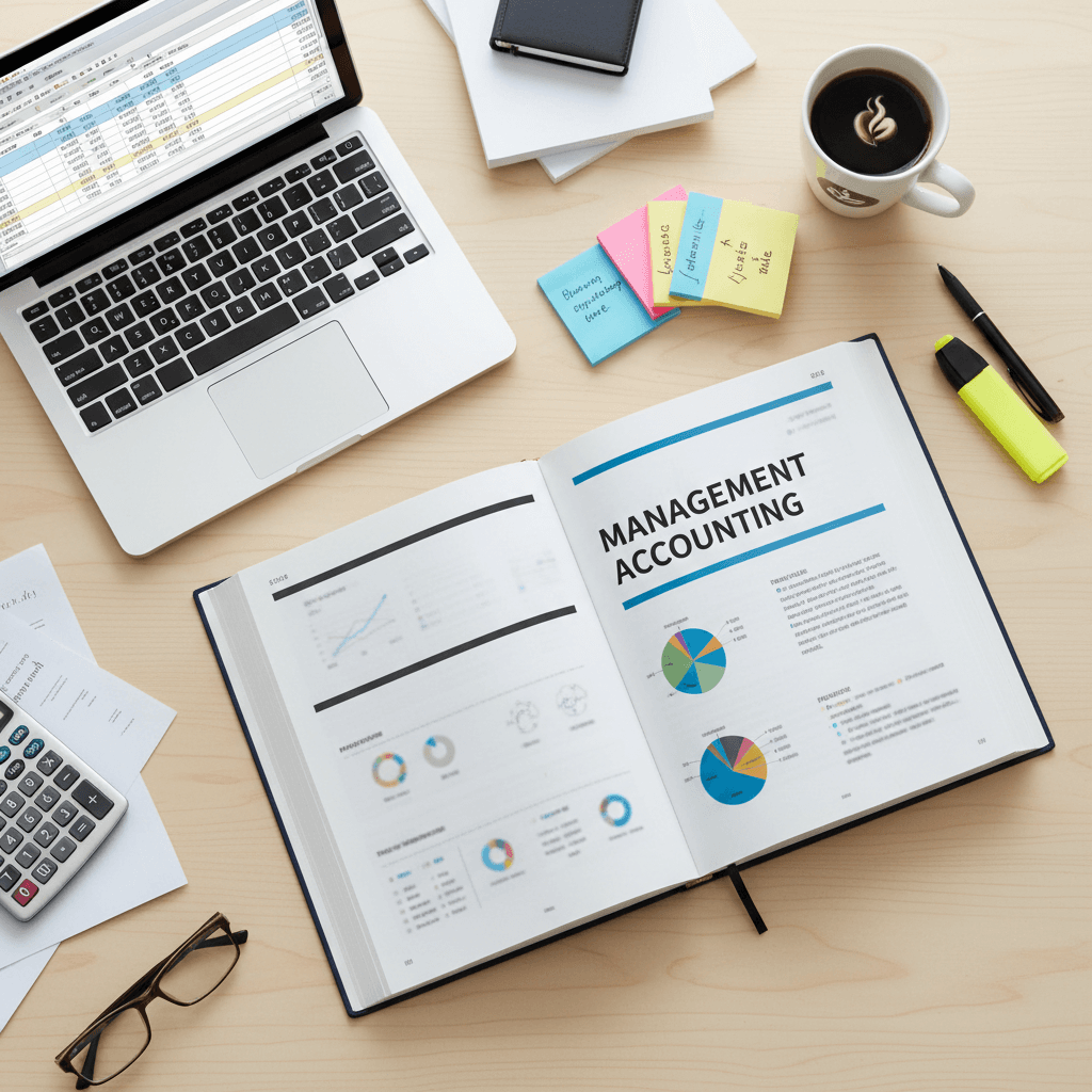 Mesa de estudo com material de contabilidade de gestao