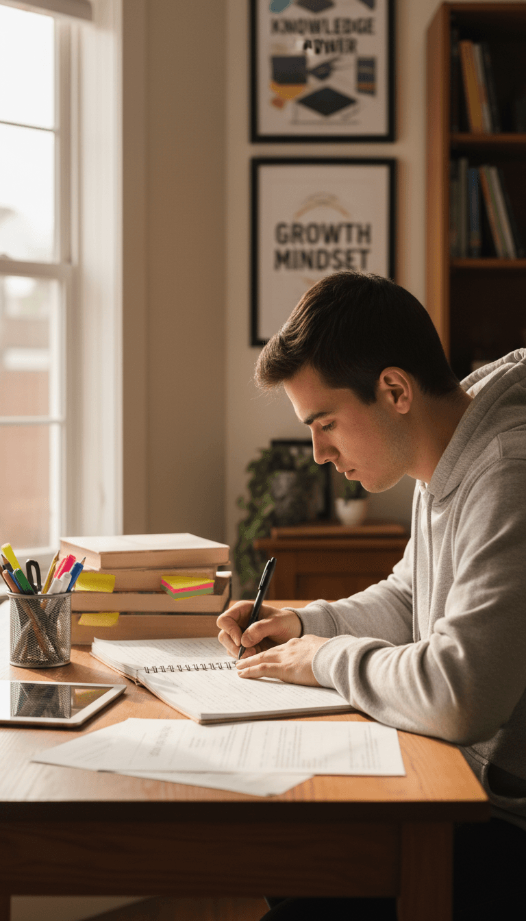 Focused student studying at desk with notebook, demonstrating concentrated effort on academic work