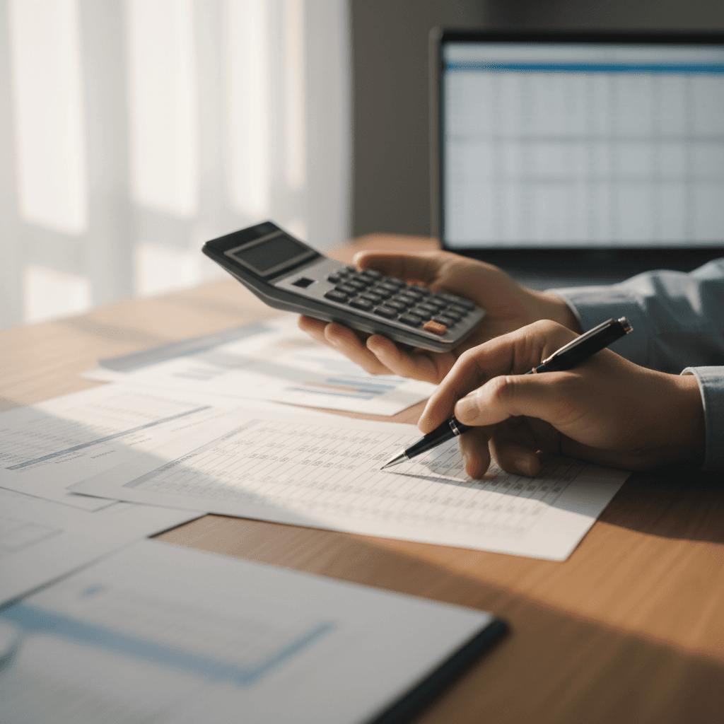 Accountant's hands reviewing financial documents with calculator and pen at organized desk