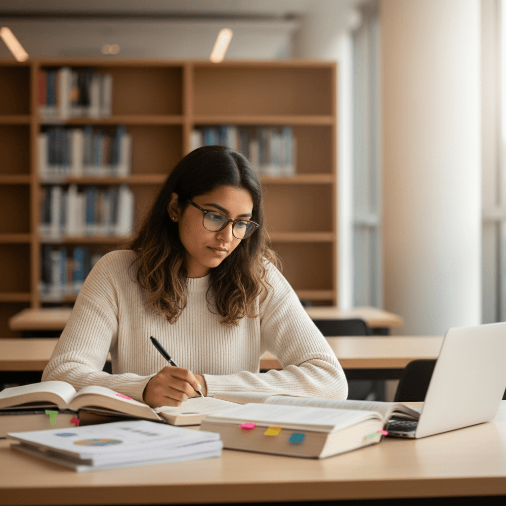 Graduate student focused on research and study materials in bright, modern university library with natural light